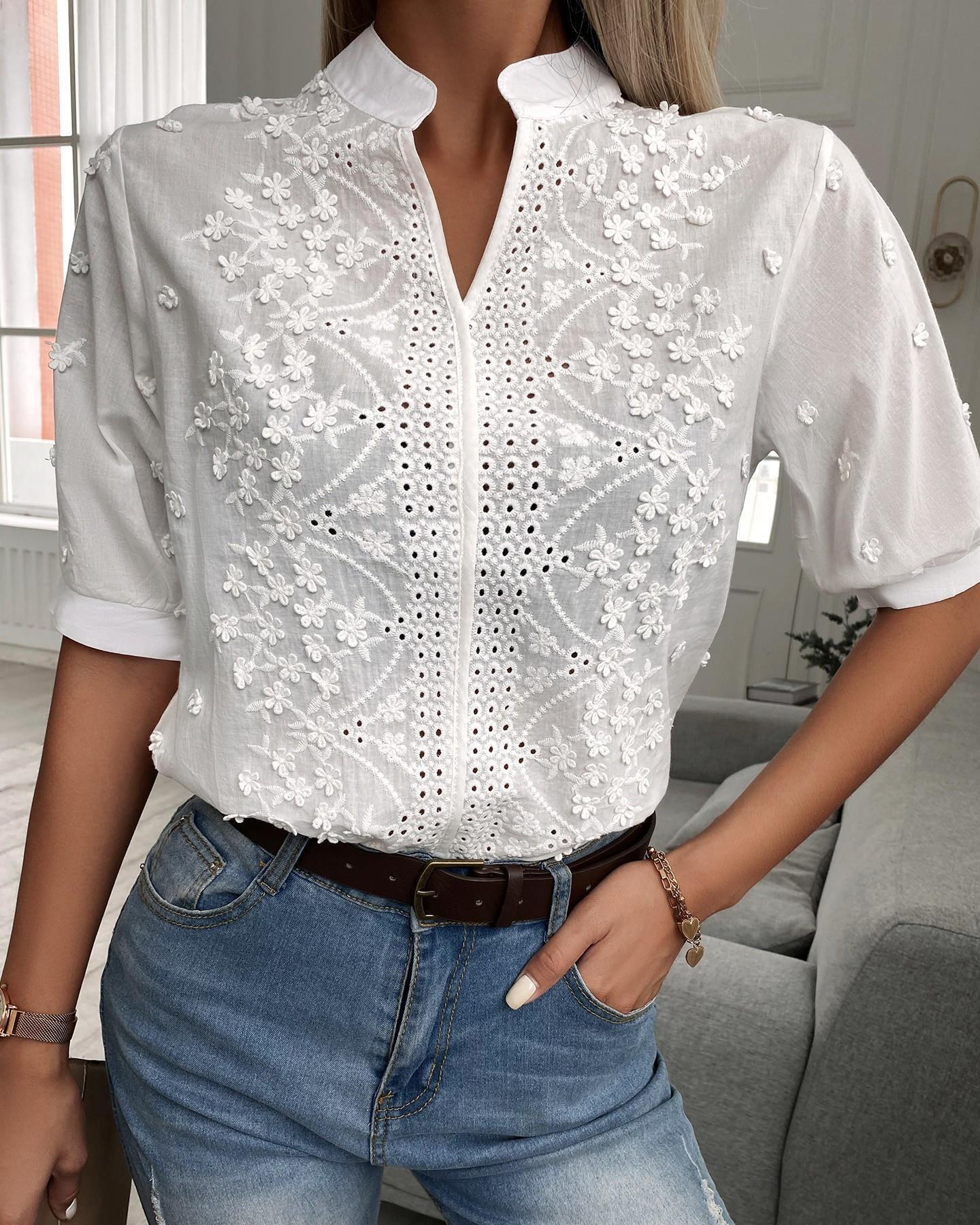 Fashion V-neck Stand Collar Embroidery Lace Blouse Shirt For Women's