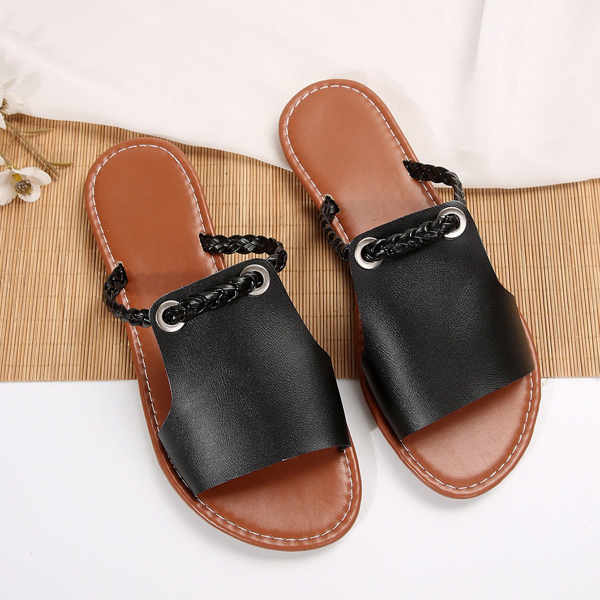 Trendy Flat Slide Sandals with Braided Strap & Toe Ring Simple Daily Beach Slippers