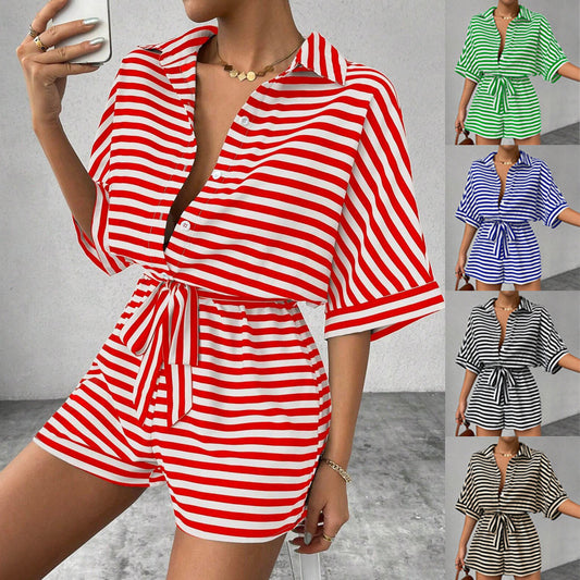 Striped Lapel Cardigan Button Half Sleeve Belt Shorts Suit Jumpsuit For Women's