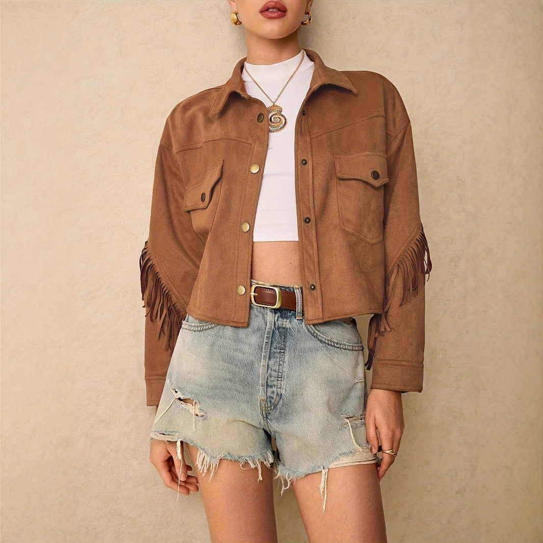Solid Color Shoulder Down Long Sleeved Tassel Trimmed Casual Jacket