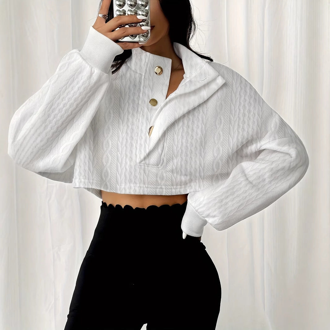 Solid Color Stand Up Collar Front Button Long Sleeved Textured Short Hoodie
