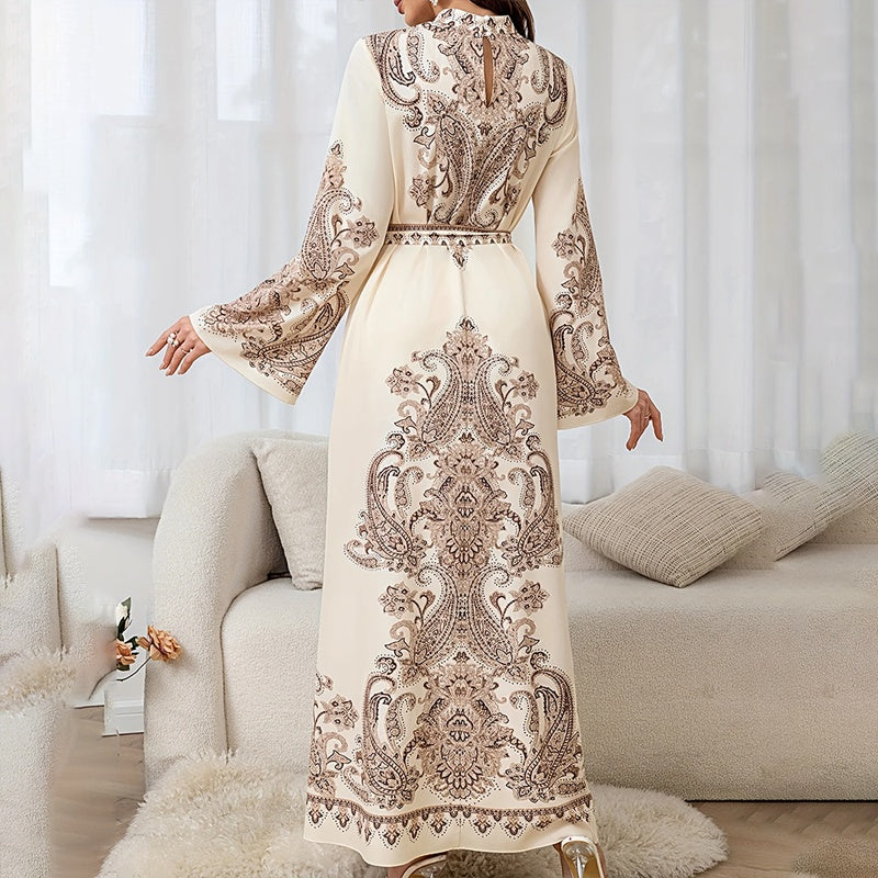 Vintage High-Neck Floral Maxi Dress Loose Long Sleeve, Adjustable Waist Belt, Middle Eastern Inspired Holiday Dress Ankle-Length Gown