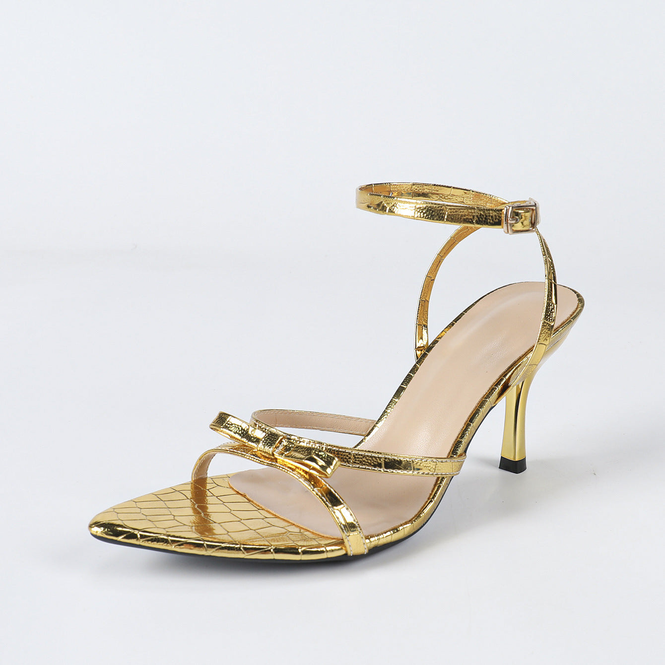 Pointed Stone Pattern Three-dimensional Bow Stiletto Heel Sandals For Women's