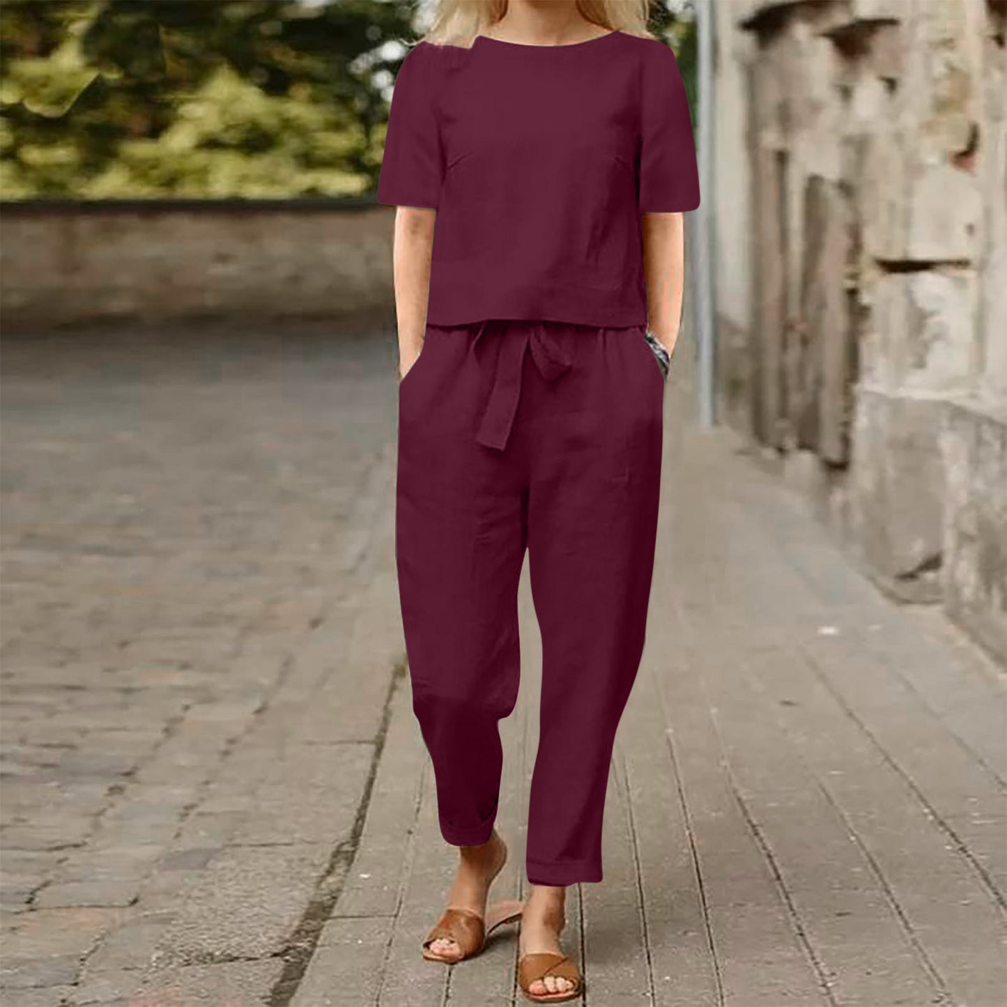 Cotton And Linen Wide-leg Pants Suit For Women's