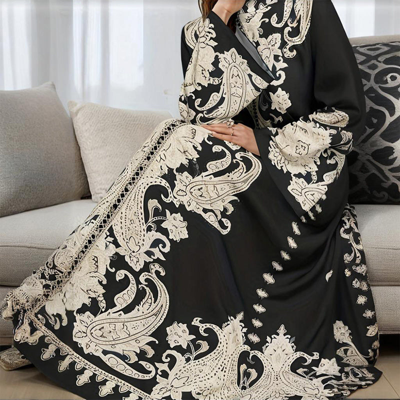Vintage High-Neck Floral Maxi Dress Loose Long Sleeve, Adjustable Waist Belt, Middle Eastern Inspired Holiday Dress Ankle-Length Gown