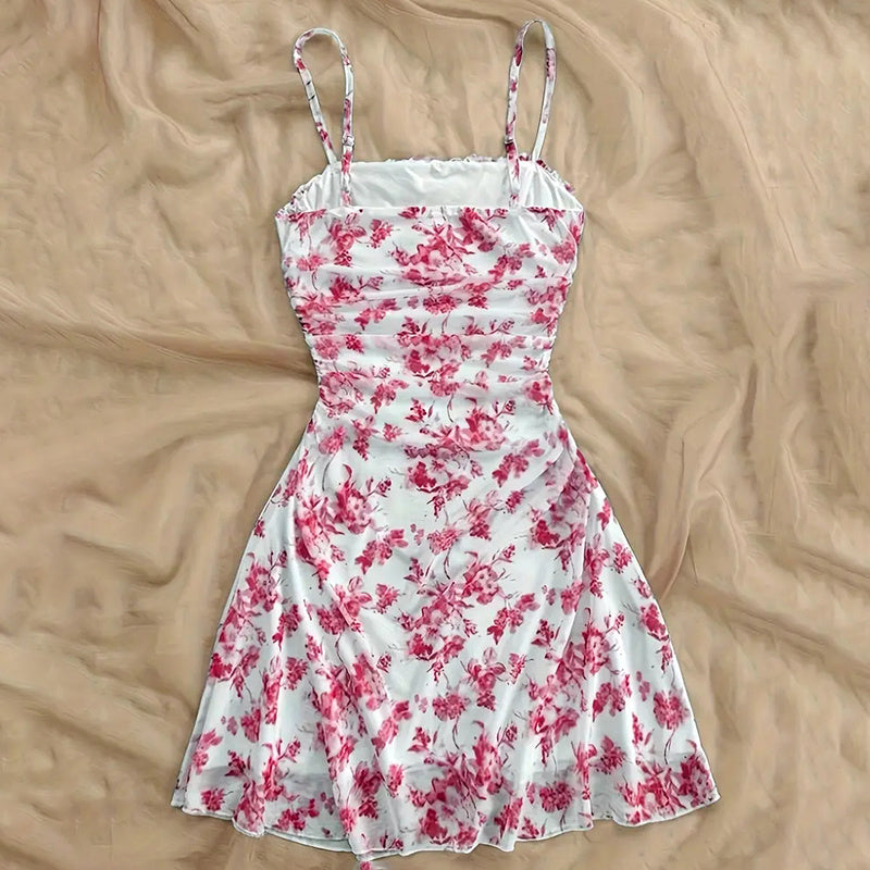 Boho Floral Print Mini Dress Spaghetti Strap Ruched Ruffle Hem Vacation Sundresses
