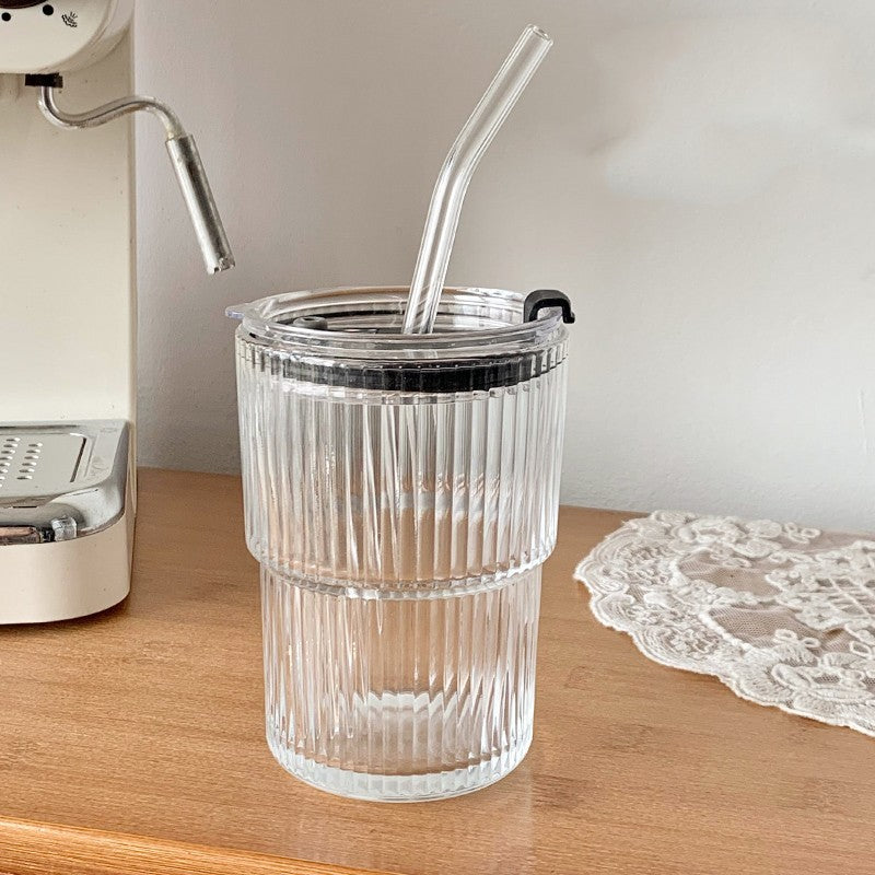Aesthetic Striped Glass Cup for Cold Drinks Wind Stripe Coffee Mug With Straw With Lid Glass Handy Mug