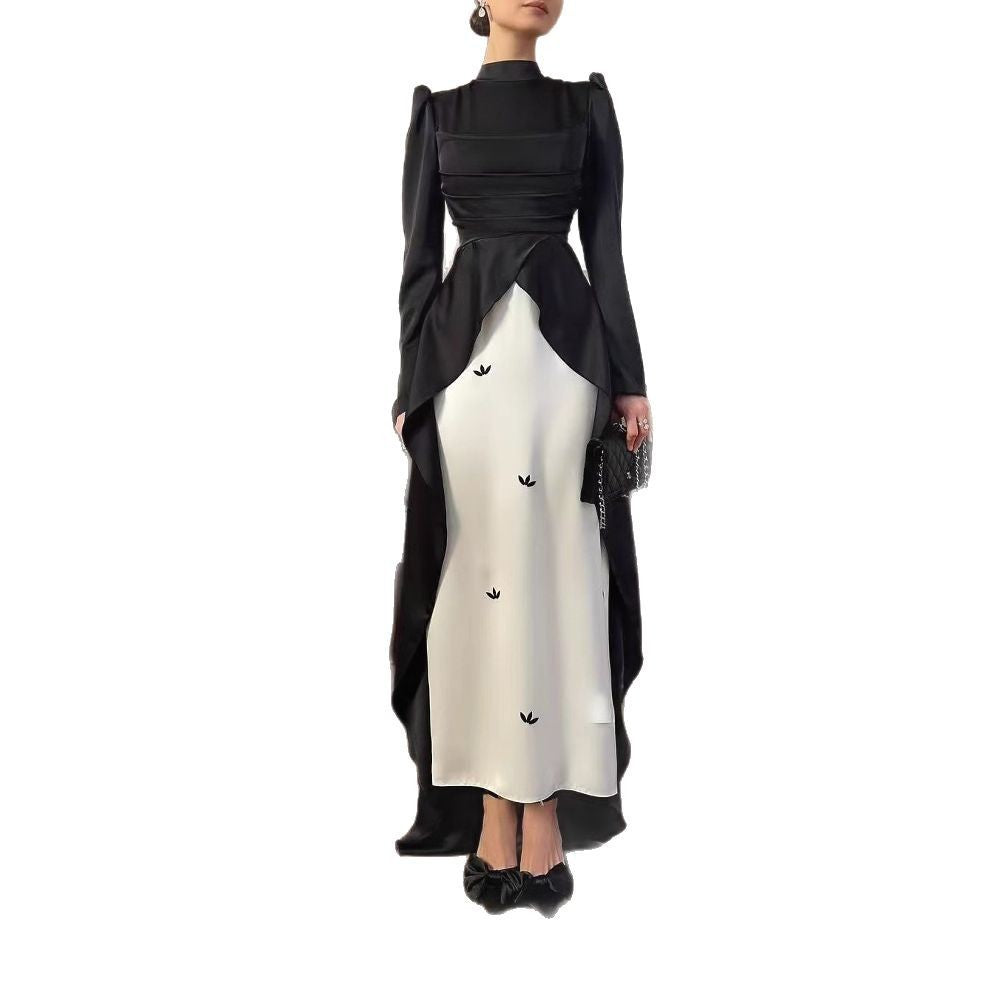 Pleated Stitching Contrast Color Long Sleeves Dress