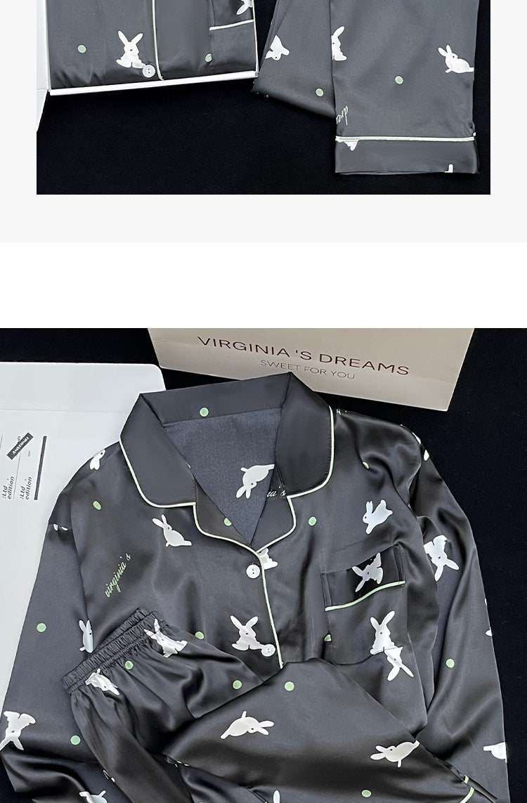 Luxurious Satin / Silk-Look Patterned Pajama Set Women's Korean-style Ins Cute Lapel Long-sleeved Pajamas