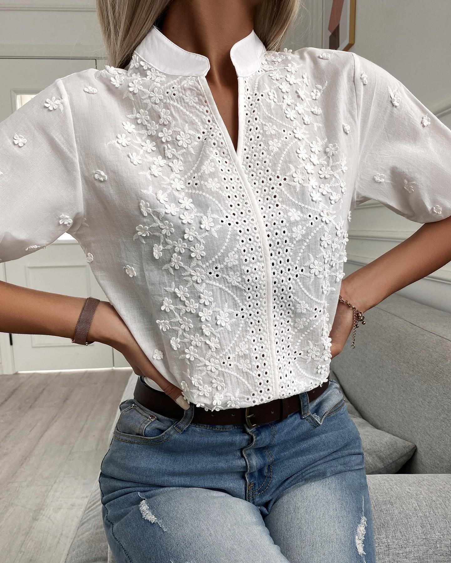 Fashion V-neck Stand Collar Embroidery Lace Blouse Shirt For Women's