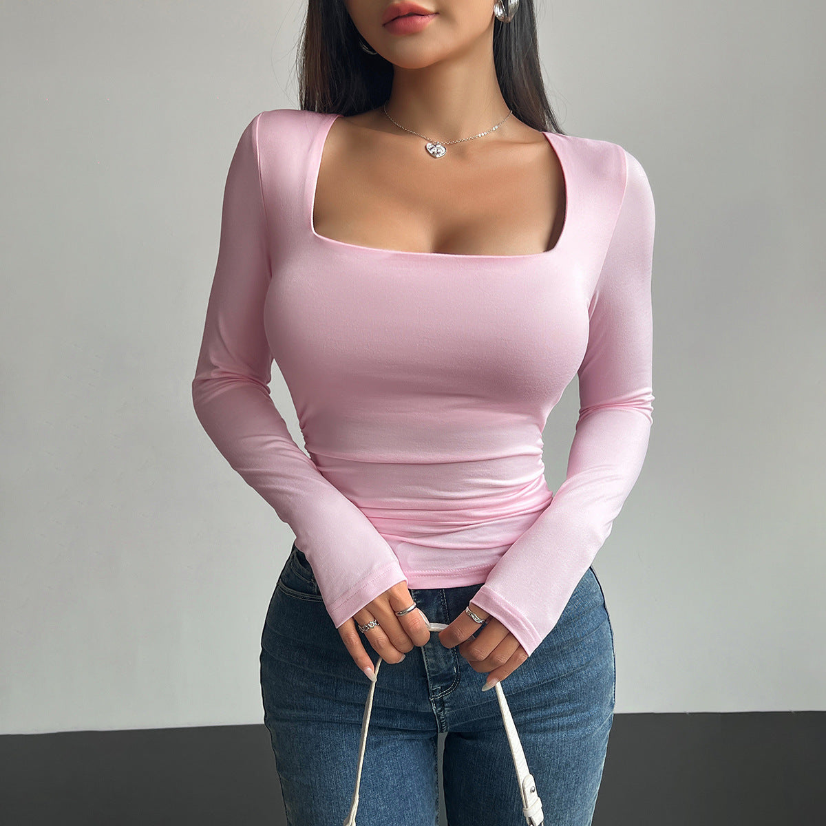 Slim fit Square Neck Long Sleeve Ribbed Top Pullover Tight Casual Fashion Tops Women