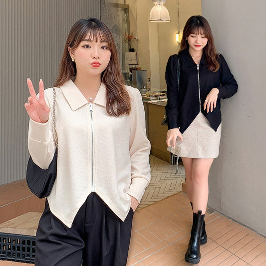 Stylish Zip-Up Collared Jacket | Asymmetrical Hem Blazer Top Korean Style Irregular Loose And Slim Zipper Lapel Top