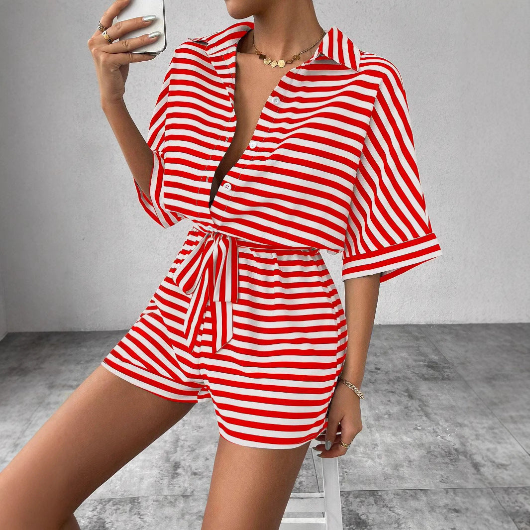 Striped Lapel Cardigan Button Half Sleeve Belt Shorts Suit Jumpsuit For Women's