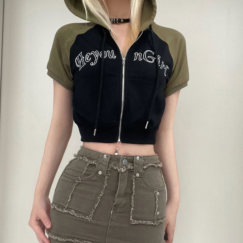 Raglan Contrast Short Sleeve Hoodie Versatile Top