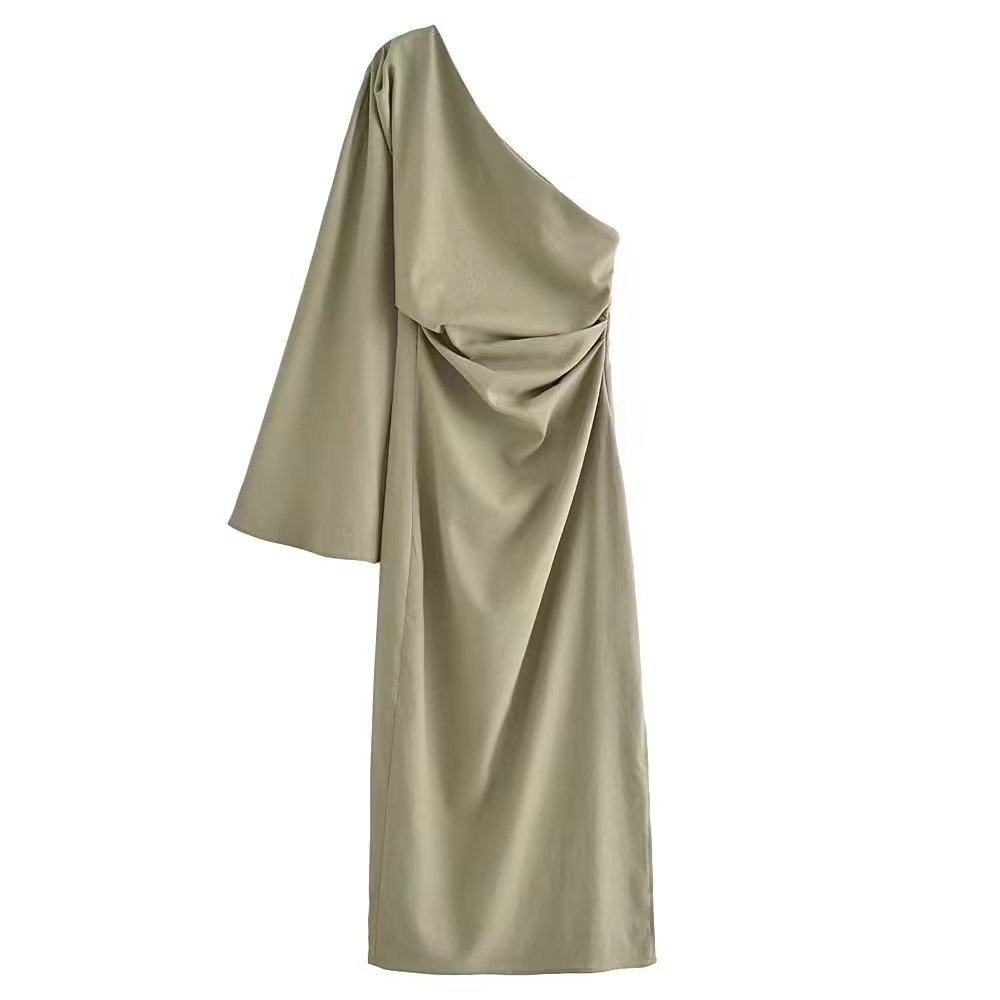 Oblique One-shoulder Silk Twill Texture Slim Dress For Women's