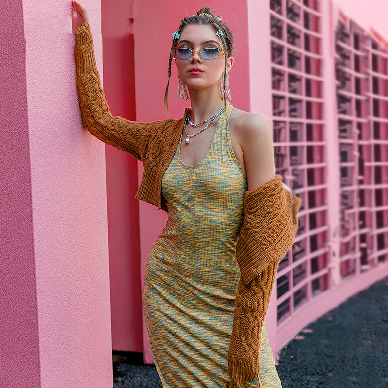 Halter Knit Y2K Style Slim Bodycon Dress For Women's