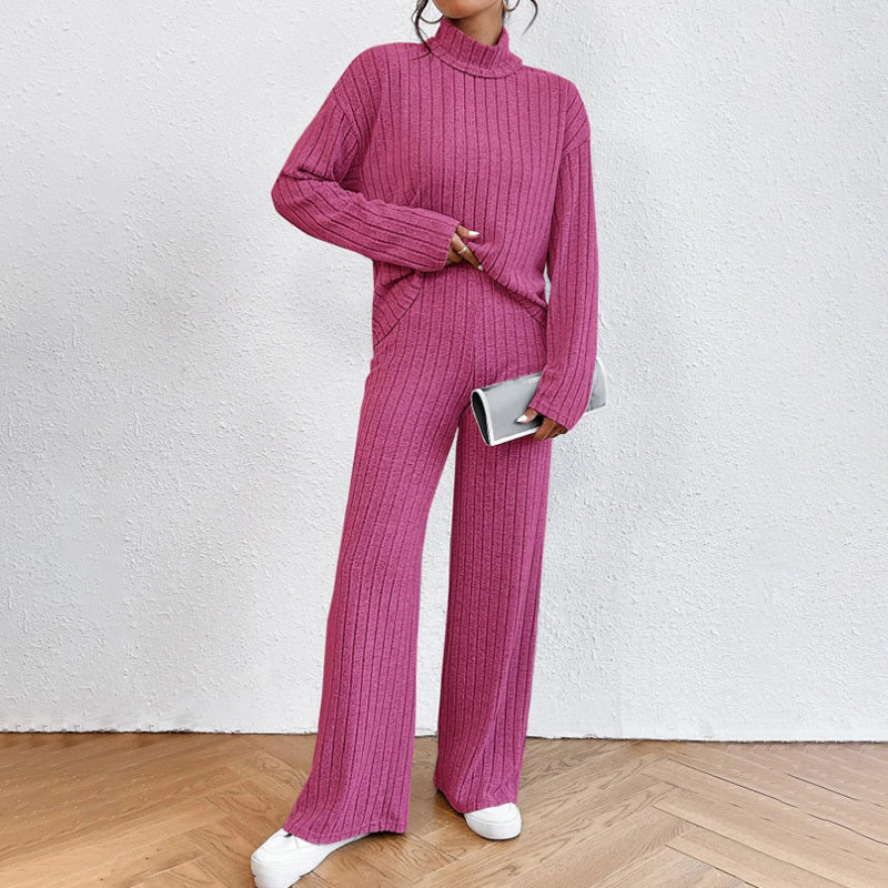 Solid Color 2-Piece Set High Neck Long Sleeve Top & Pants, Striped Loungewear