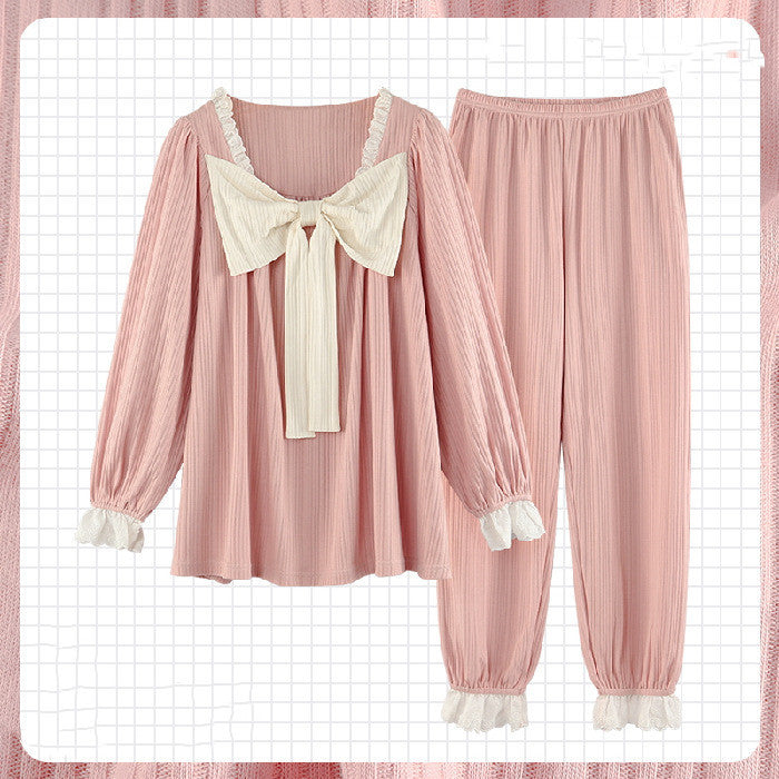 Sweet Ruffled Long Sleeve Pajama Set with Bow Detail Palace Pajamas Women Spring And Autumn Korean Style Cotton Long Sleeves