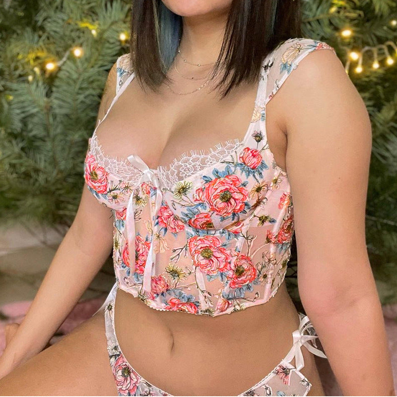 Cute Floral Print Cropped Baby Tee Y2K Fashion Lace Tie Up