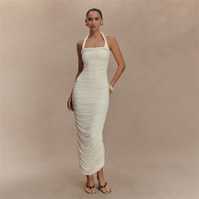 American Adult Lady Like Woman French Sexy Pleated Suspender Sleeveless Backless Sheath Dress