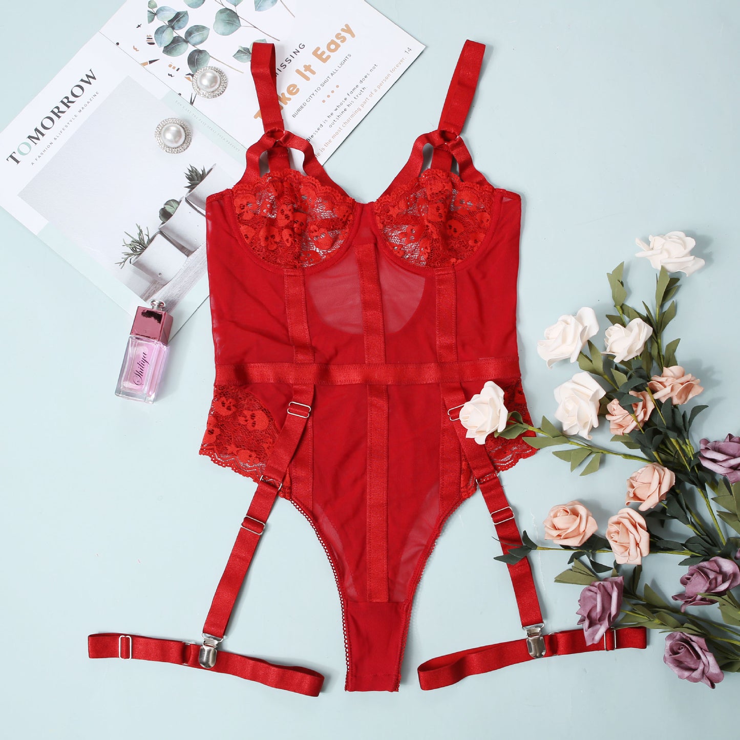 Lace Bodysuit with Garter Belt - Sheer One Piece Lingerie Lace Sexy Nightclub Outfit Jumpsuit
