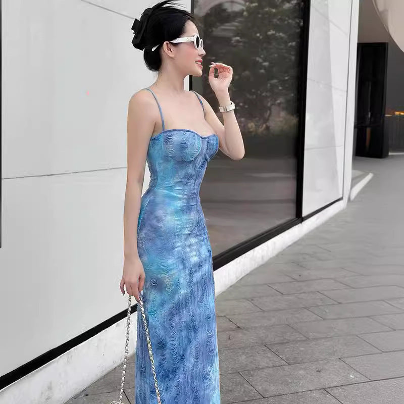 Tatted Tie-dyed Suspenders Bodycon Dress Women