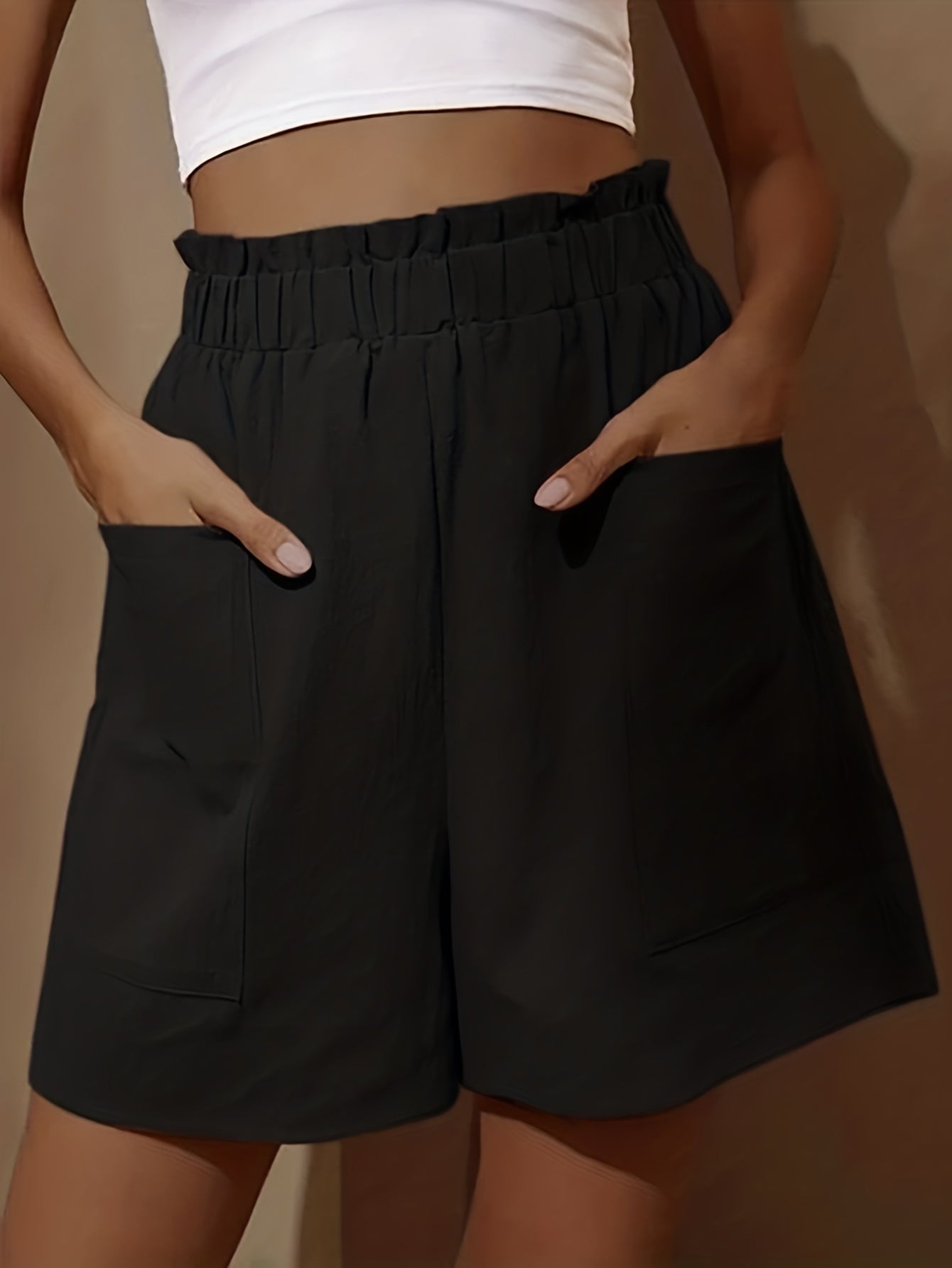 Loose Wide Leg Cotton Material Pocket Solid Elastic High Waist Shorts