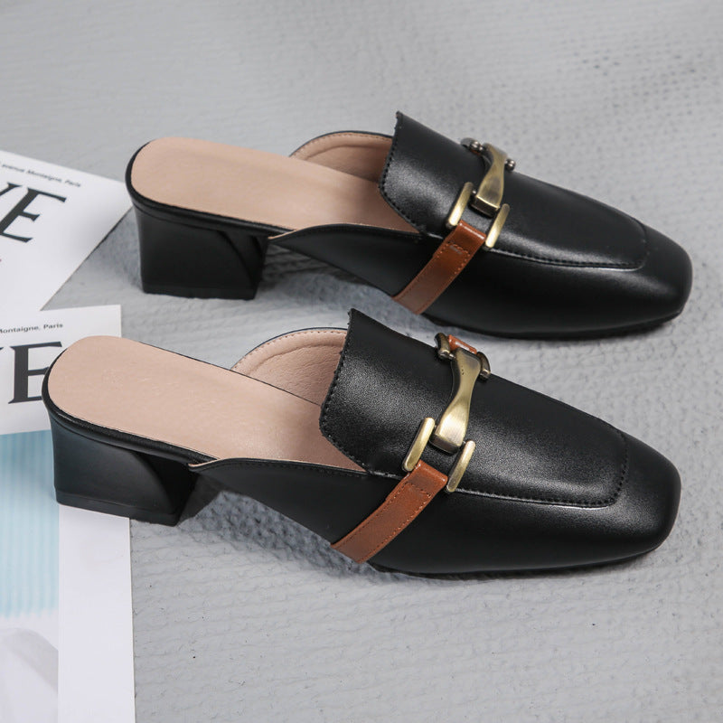 Muller Shoes Casual Soft Leather Slippers Women Outer Wear Square Toe Thick Heel Outer Wear Sandals Women