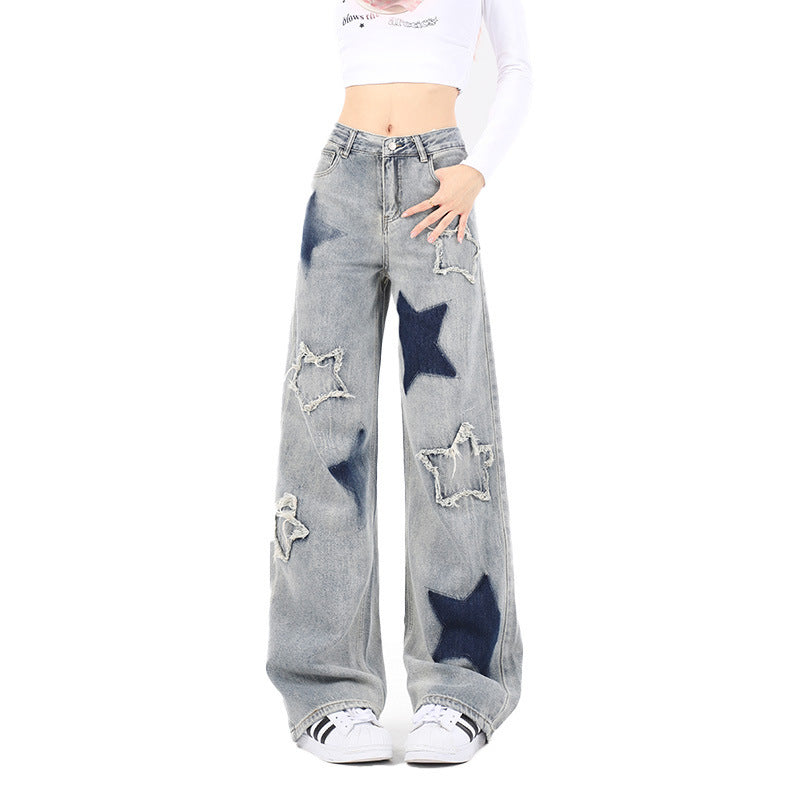 Oversized Star Patch Wide-Leg Jeans – Statement Streetwear Denim National Fashion XINGX Embroidery Washed Worn Jeans Men And Women Straight-leg Trousers
