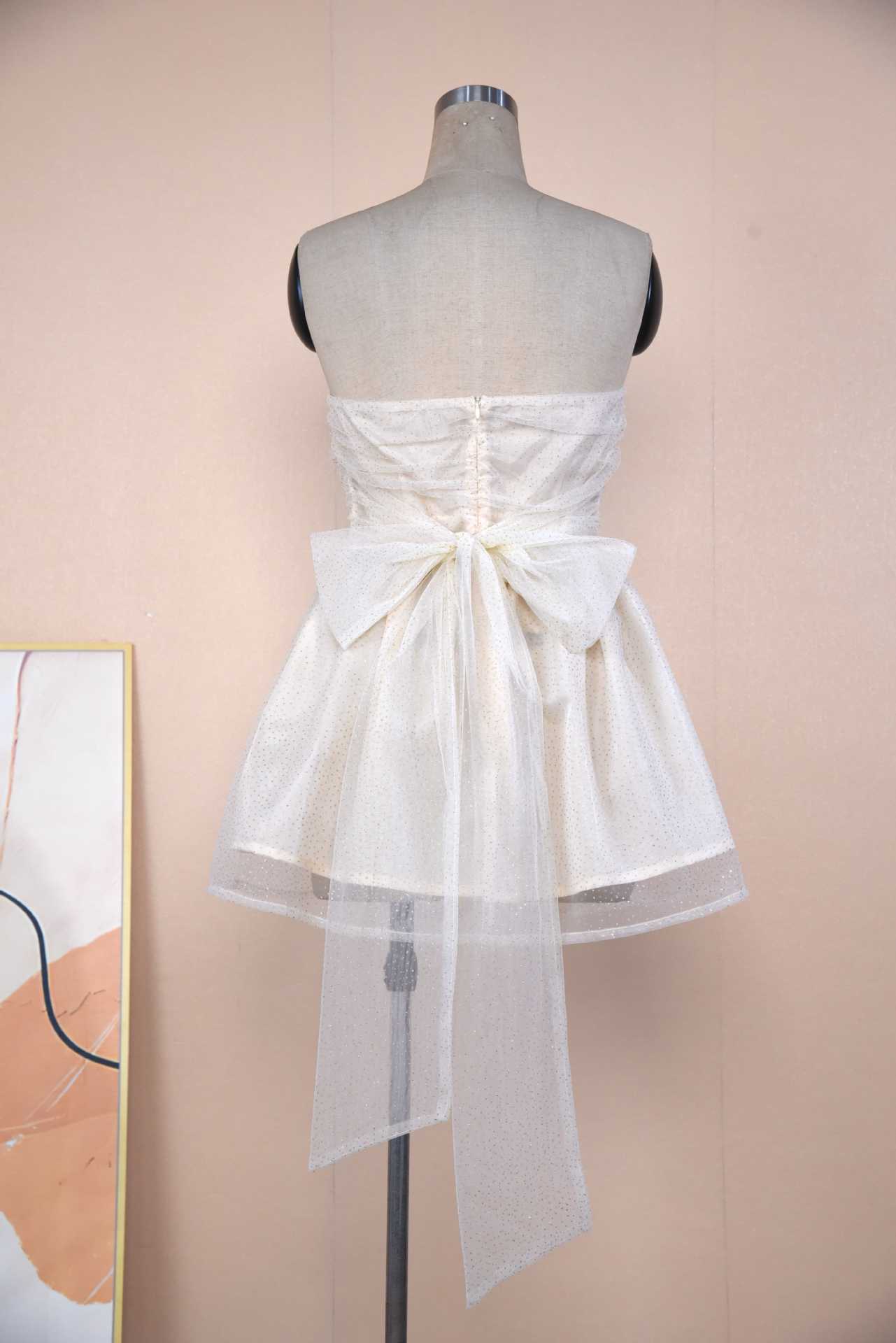 Sparkle Strapless Mini Dress with Bow – Glam Party & Cocktail Look Tube Top Lace Dress With Back Bow-knot Summer Fashion Temperament Mesh Stitching Off-neck Short Skirt