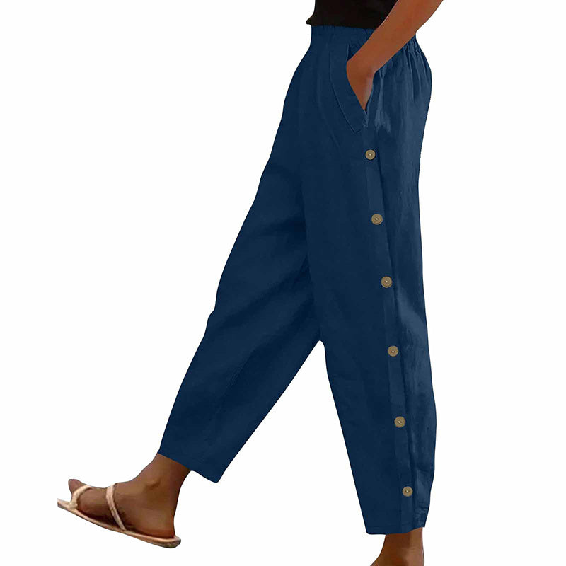 Casual Pants Elastic Waist Side Button Loose Fit Trousers With Pockets Women's