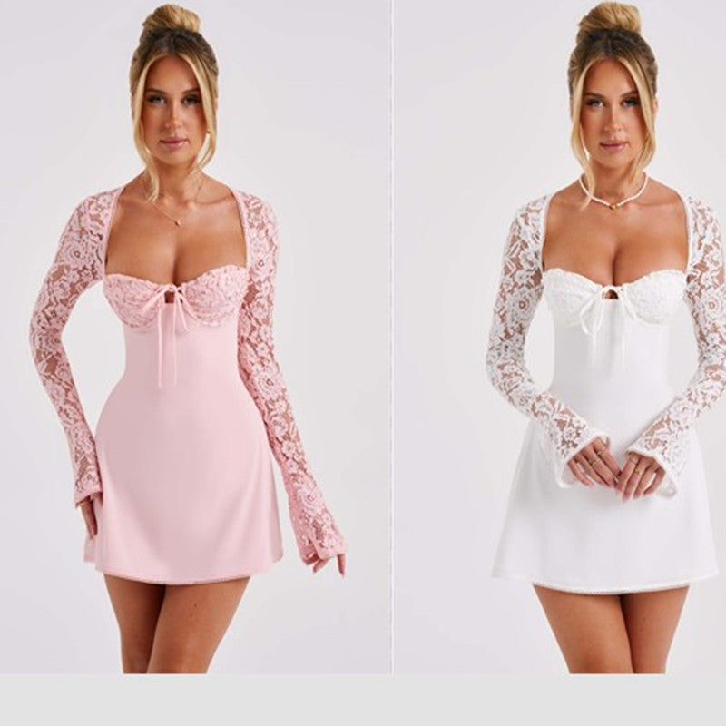 Corset Lace Long Sleeve Dress Sexy Y2K Backless Lace Up Short Dresses Women's Clothing