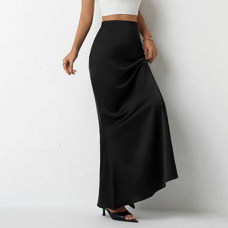 Elegant Satin High Waist Flared Midi Skirt Cocktail Party Wedding Long Skirt