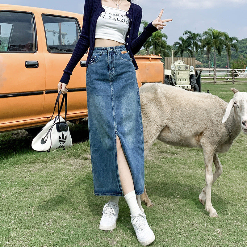 Front Slit High Waist Denim Skirt For Women