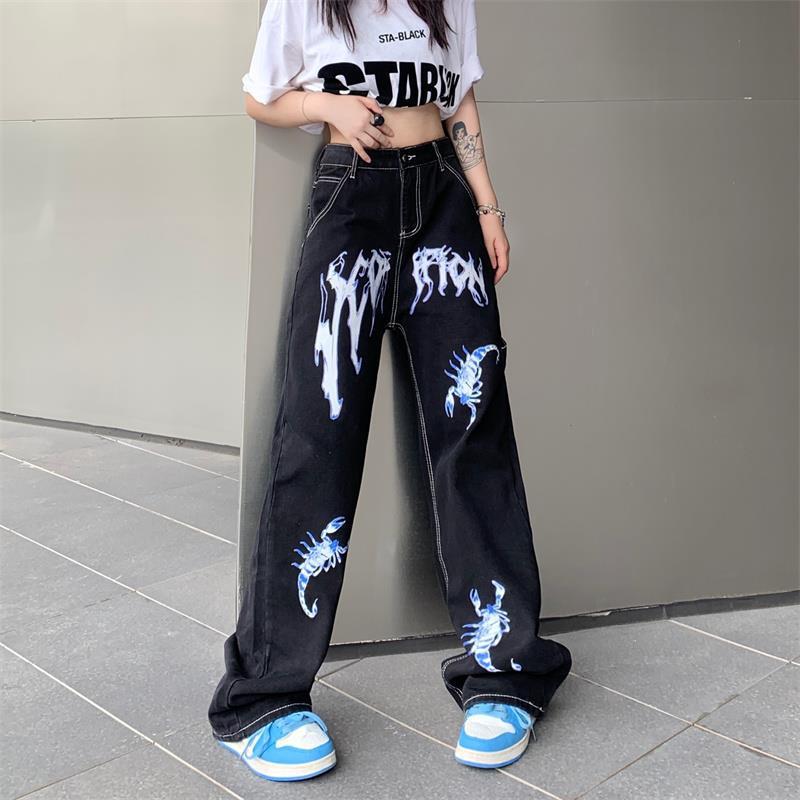 Scorpion Flame Graphic Jeans – Black Baggy Streetwear Pants Street Print High Waist Jeans For Men And Women