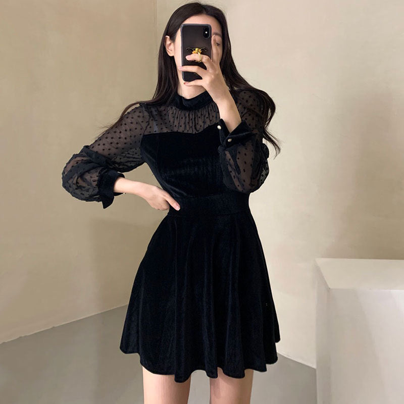 Retro Stand-up Collar Velvet Patchwork Long-sleeved Dress Women's