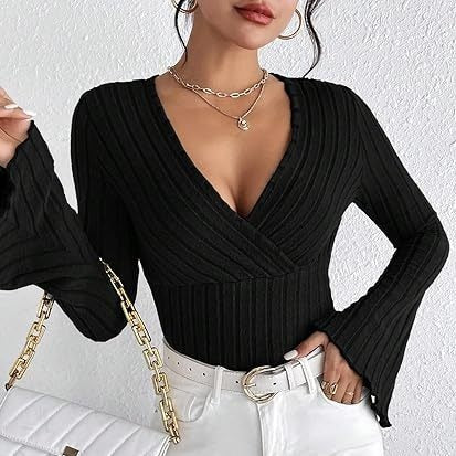Autumn And Winter Rib Sunken Stripe V-neck Flared Slim-fit Long Sleeve T-shirt Elegant Women's Top