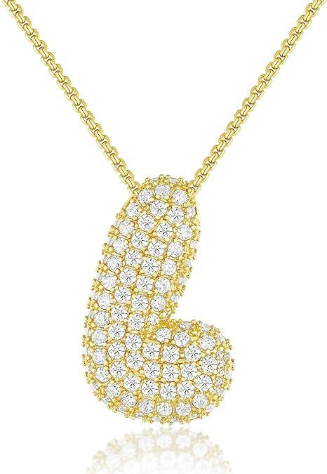 Custom Initial Necklace | Sparkle Alphabet Pendant Brass Zircon Balloon English Letter Necklace