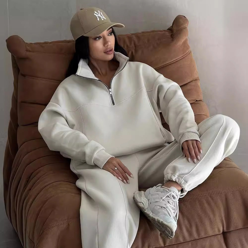 Essential Fleece Half-Zip Set – Minimal Luxe Comfort Y2K Winter Jogging Women Two Piece Set Female Zipper Coat Casual Pants Tracksuit Autumn Jacket Fashion Contrast Sport Wear Set