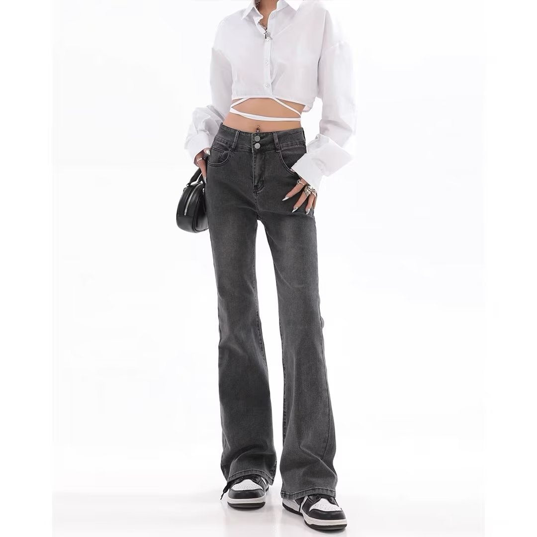 Washed Black Bootcut Jeans – Sleek, Sculpted & Street-Ready Retro American Slightly Flared Jeans Women