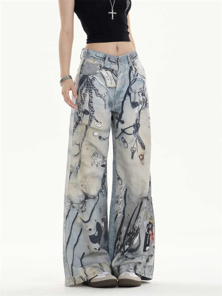 Multi-pocket Wide Leg Jeans Straight Casual Pants