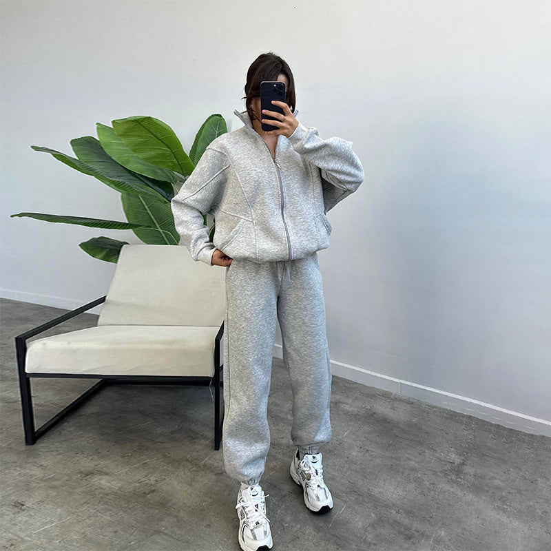 Cozy Core Fleece Set – Zip-Up Hoodie + Relaxed Joggers Sports Suits With Pockets Stand-up Collar Zipper Cardigan And Drawstring Trousers Fashion Jogger Set Outfits Tracksuits Women's Clothing