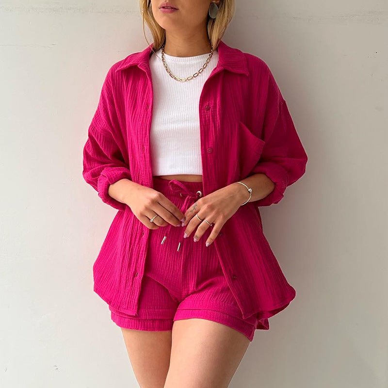 Wrinkled Fabric Lapel Long Sleeved Shirt Shorts Fashion Casual Set