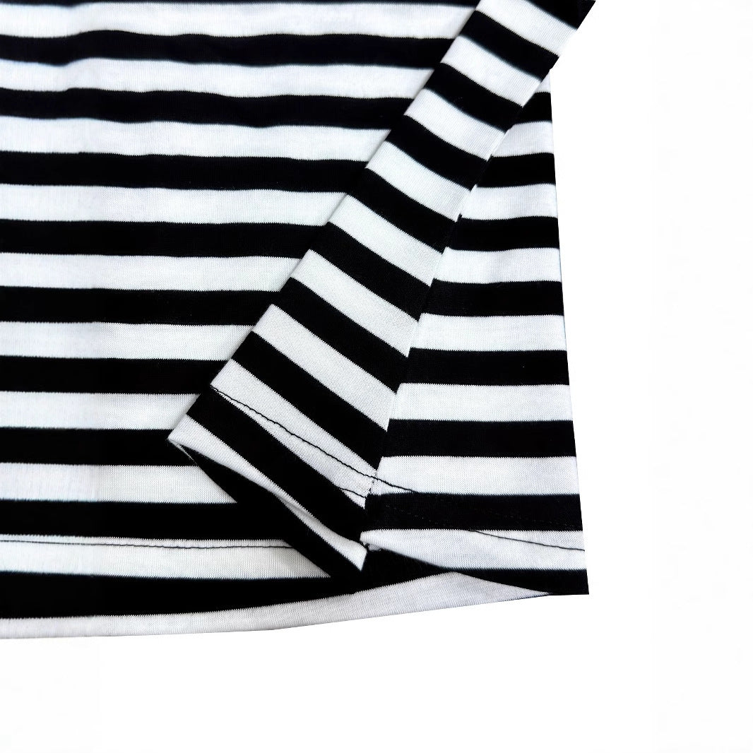 Summer New Contrasting Color Slanted Shoulder Short Sleeved Striped Top