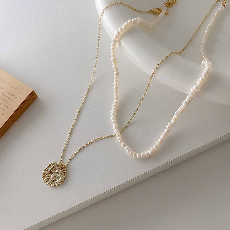 Boho Chic Layered Pearl Coin Pendant Pearl Metal Choker Clavicle Chain