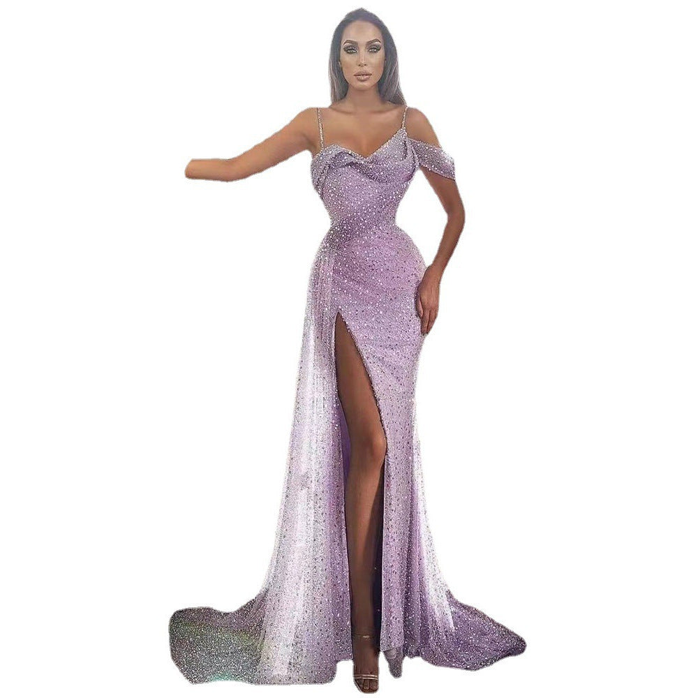 Elegant Lilac Shimmering Draped Evening Gown Irregular Spaghetti-strap Split Dress
