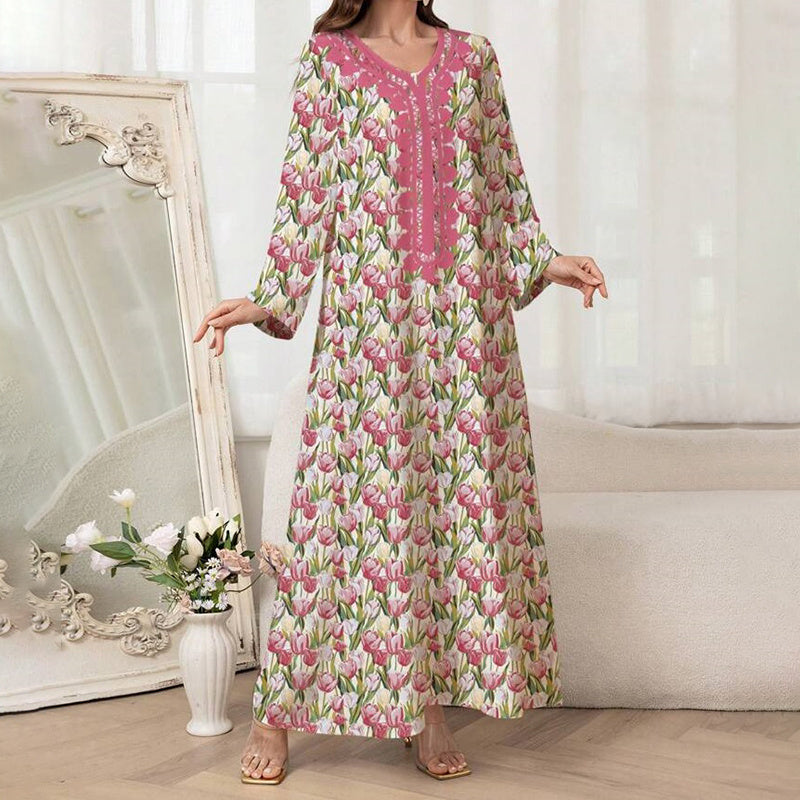 Elegant Pink Floral Print Maxi Dress Vacation Style Long Sleeve A-line Flowy Dress