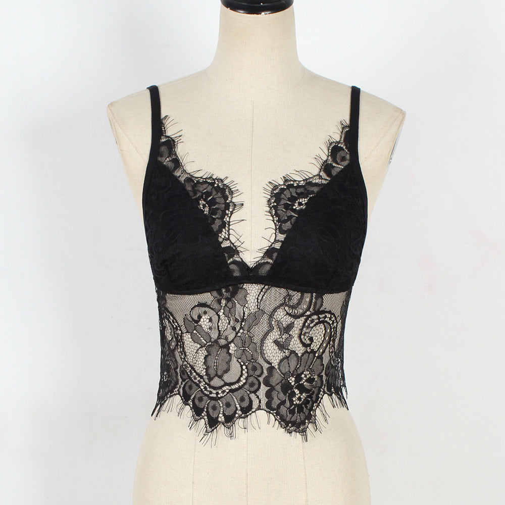 Deep V-Neck Lace Bustier Top Spaghetti Strap Bra Top For Women