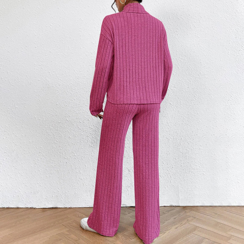 Solid Color 2-Piece Set High Neck Long Sleeve Top & Pants, Striped Loungewear