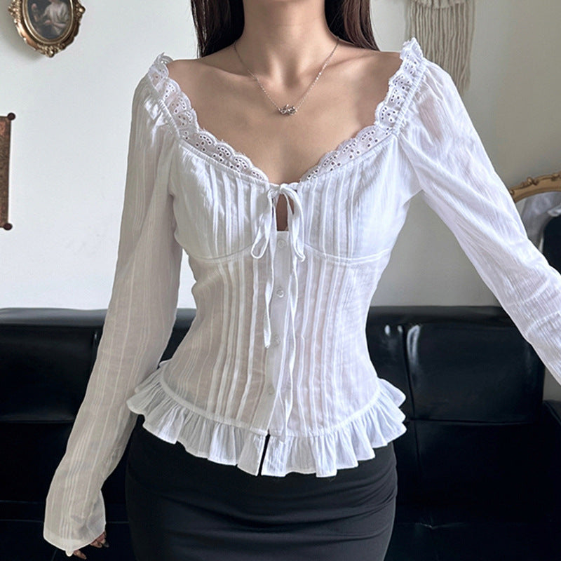 French Pure Desire Style Solid Color Stringy Selvedge Lace-up Long Sleeve